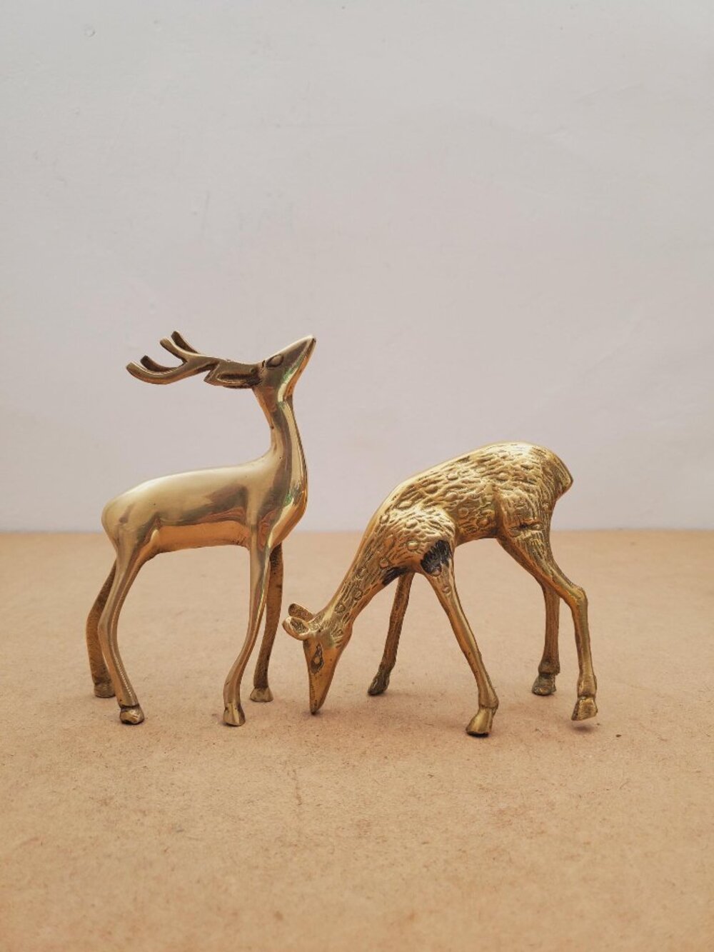 brass deer figurines, set of tow brass deer statue, mid century stags and doe,